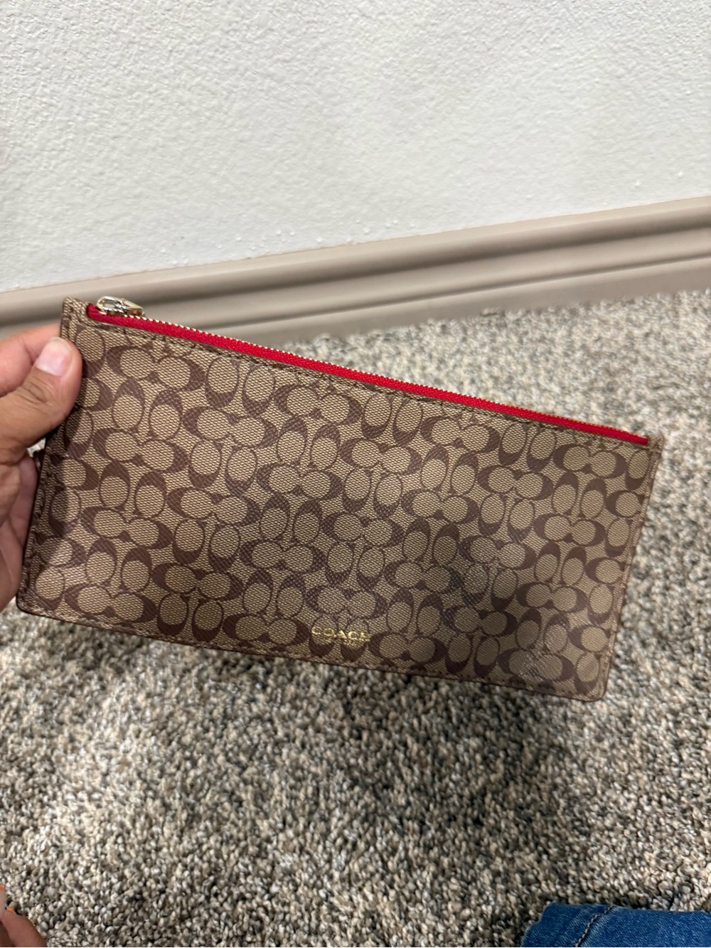 Coach Signature Zip Pouch in Brown with Red Trim